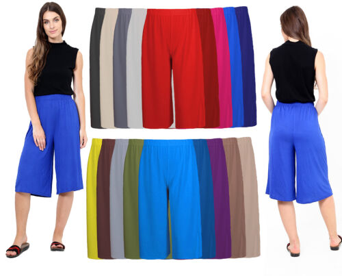 Womens Three Quarter Palazzo Pants Ladies Plain Short Wide Leg Trousers - Afbeelding 1 van 25