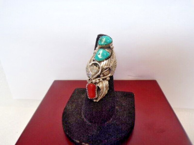 Native American Turquoise Coral Sterling Silver Long Ring Size