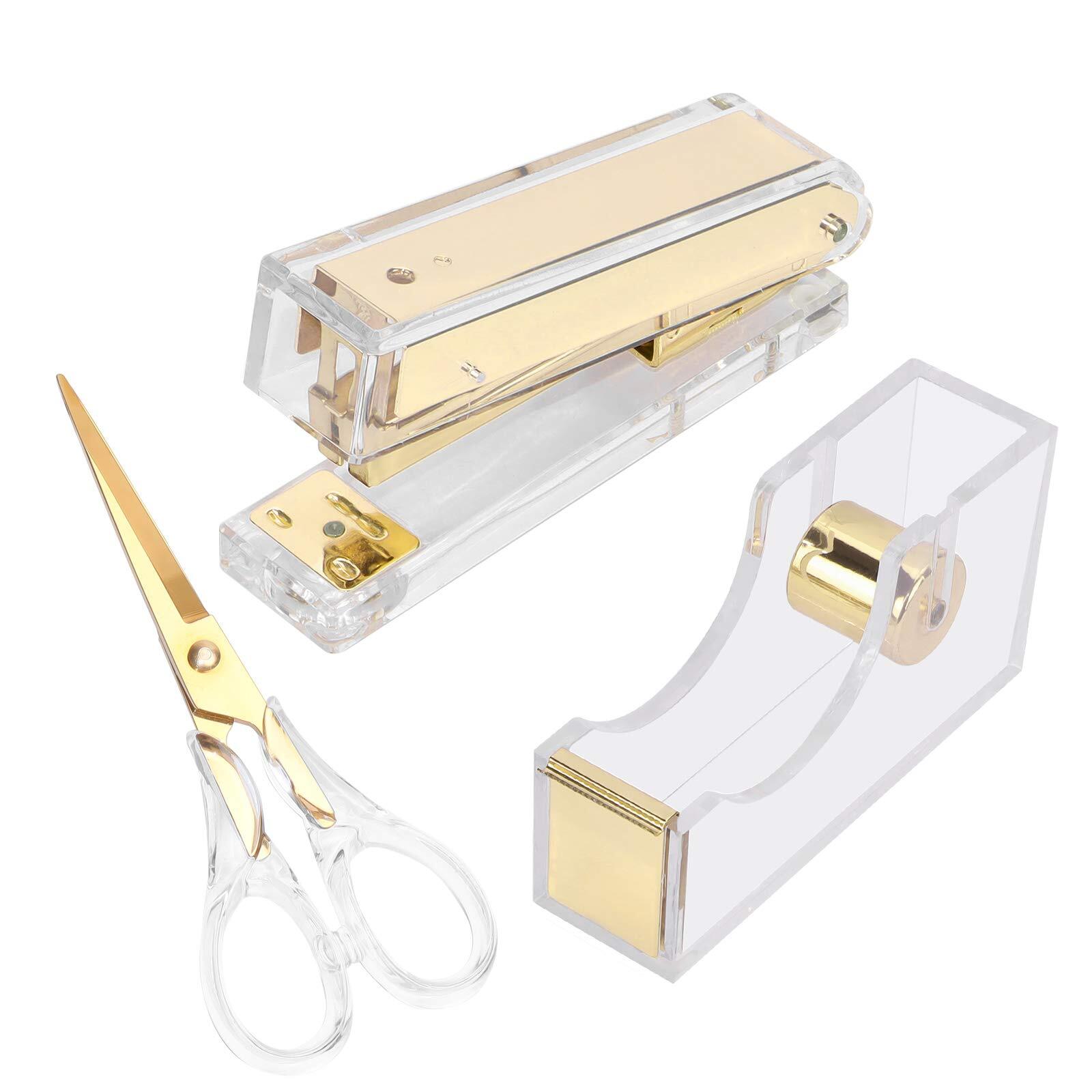 Acrylic Stapler and Tape Dispenser Office Supplies Kit Clear Gold Organizer-image