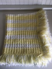 Handmade Crochet Baby Afghan with Fringe Yellow and White 36x44