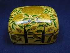 Vintage Hand Made Painted Lacquer Flowers Birds Trinket Box Kashmir India