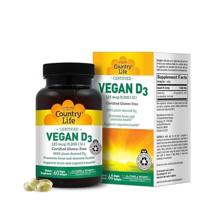 Country Life Vegan D3 5000 IU Plant Derived Supports Brain Health 60 Softgels