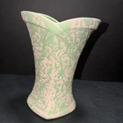 Vintage Ceramic Pottery McCoy USA Green and Pink Brocade 10inch Vase 1950’s