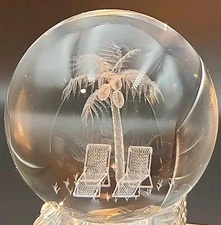 3D Laser Etched Palm Tree With Coconuts On Beach With Chairs In Crystal Sphere