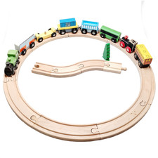Wood Train Set: Lot of 21 Railroad Tracks, Magnetic Cars, Tree 18" Circle OBO