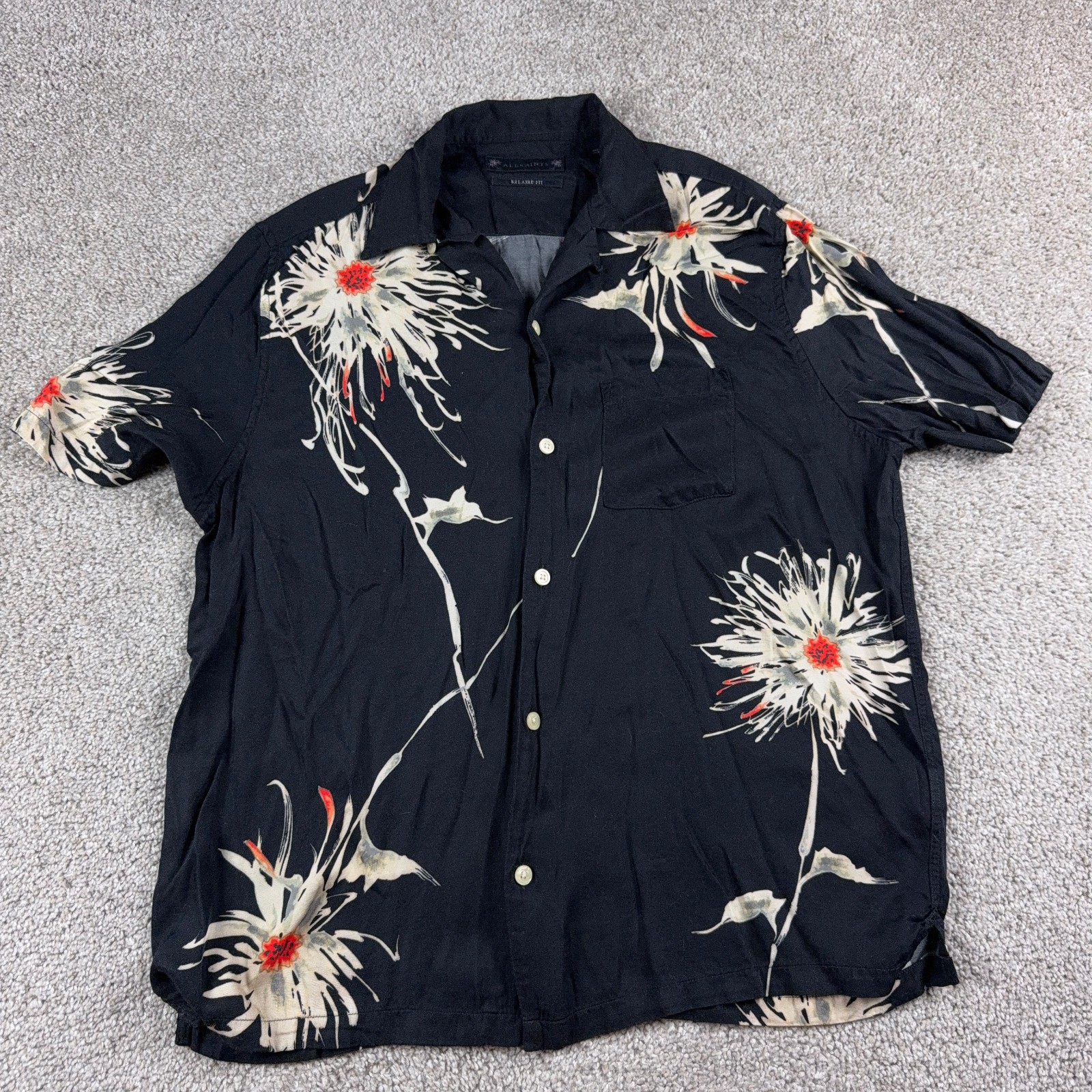 Allsaints Shirt Mens Large Black Floral Rayon Button Up Loop Collar Camp Beach
