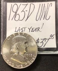 1963 D Franklin Silver Half Dollar UNC! Last Year! ENN Coins