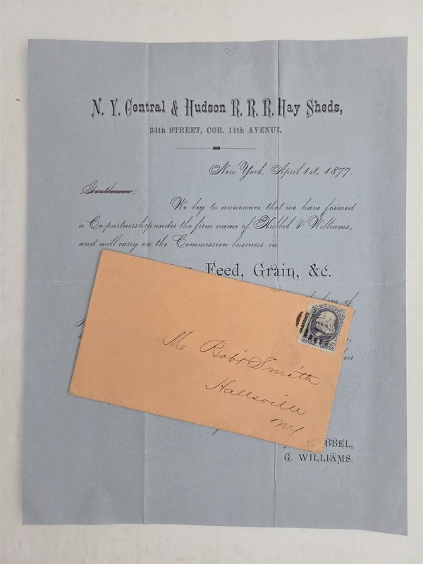 1877 antique NEW YORK CENTRAL & HUDSON RR HAY SHEDS GRAIN ANNOUNCEMENT ENV