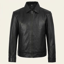 Men's Black Genuine Leather Jacket   Classic Collared Zip-Up Slim Fit Casual Bik
