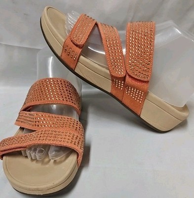Vionic Alexis Size Coral Suede Rhinestone Bling Platform Slide Sandals  GUC