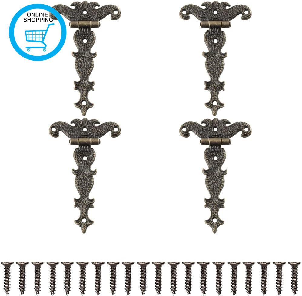 4-Piece Retro Bronze Hinges, Zinc Alloy T-Shaped Hinges for Cupboard, Drawer, Bo