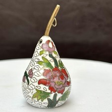 Vintage Miniature Cloisonné Pear Pendant, Enamel Brass White / Multi 3.8cm