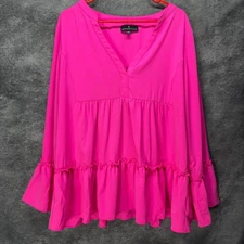 Pomander Place Kenzo Blouse Womens XXXL 3X Hot Pink Bell Sleeve Ruffle Tiered