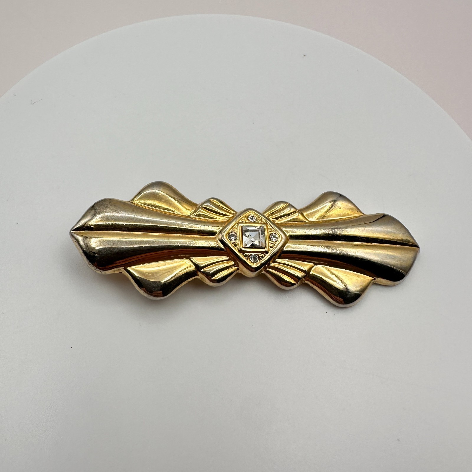 Vintage 80s Gold Tone Bar Brooch Pin Clear Rhinestone Statement Women's Jewelry