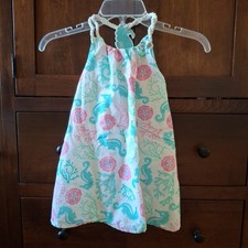 Tommy Bahama Sun Dress Girls 3T Pink Aqua Sleeveless Lined Cotton Seahorse Coral