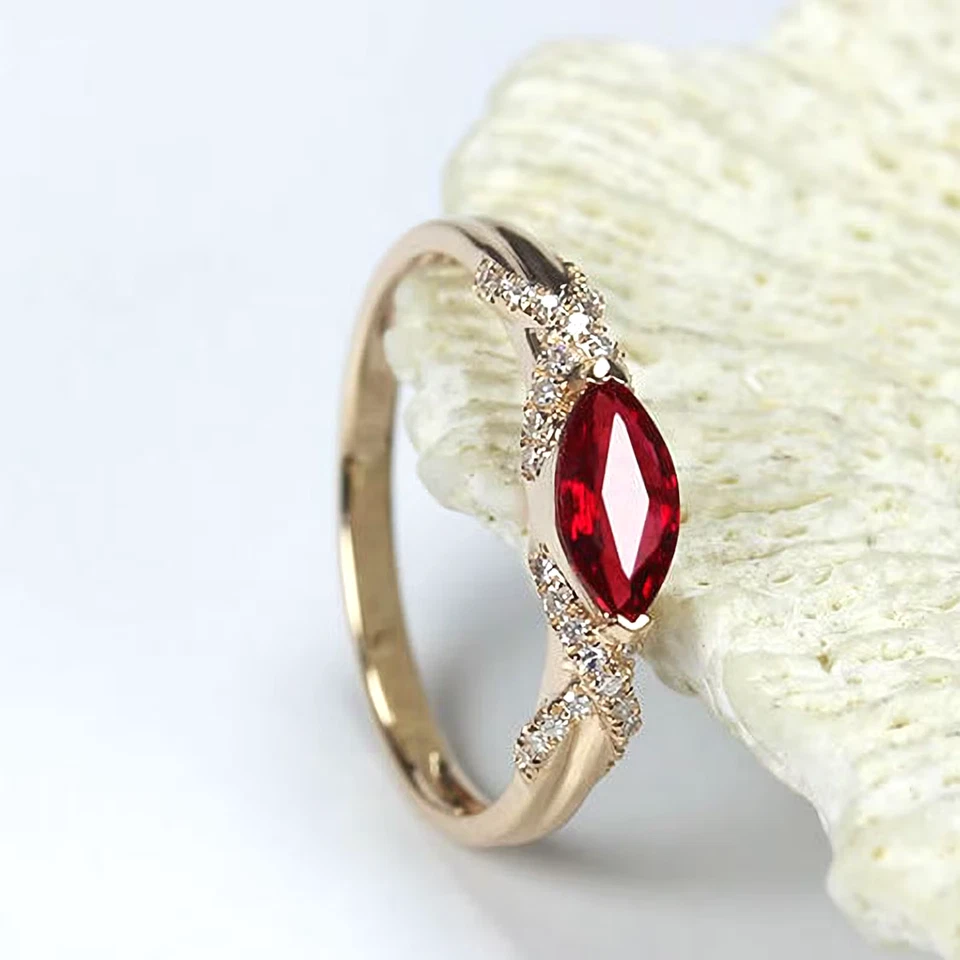 Lab Grown Marquise Cut Ruby & Diamond Engagement Ring 10k Gold Ring For Her - Image 4 of 4