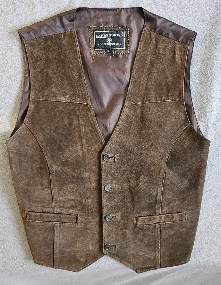 Chaleco de gamuza de cuero marrón para hombre M West espalda ajustable Foto 3 de 4