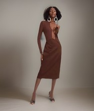 Chocolate Brown Rib & Satin Cut Out Front Side Split Cami Midi Dress Size S 8