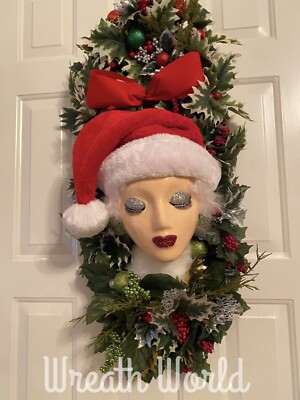 MRS CLAUS CHRISTMAS WREATH SWAG MANNEQUIN HEAD NEW HANDMADE