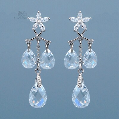 Women Clear Cubic Zirconia Teardrop Chandelier Dangle earrings