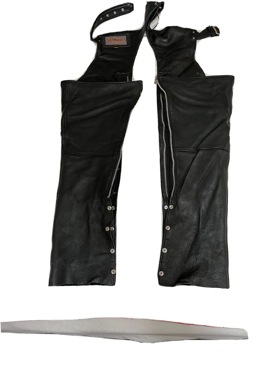 MOTORCYCLE LEATHER CHAPS UNIK ULTRA with BUTTON IN LINER Size L eBay