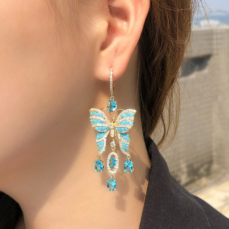 Chic Gold Plated Blue Zircon Turquoise Long Butterfly Chandelier Dangle Earrings