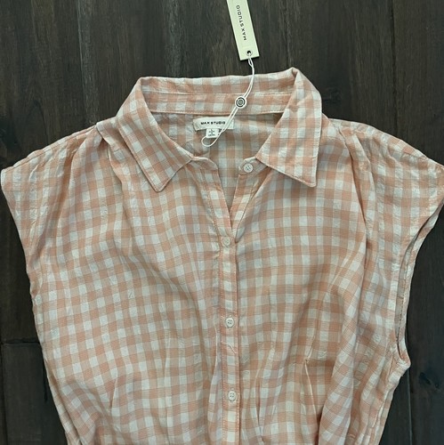 Max Studio Peach Plaid Picnic Checkered Tie Bow Front Top Large NWT - Picture 3 of 7