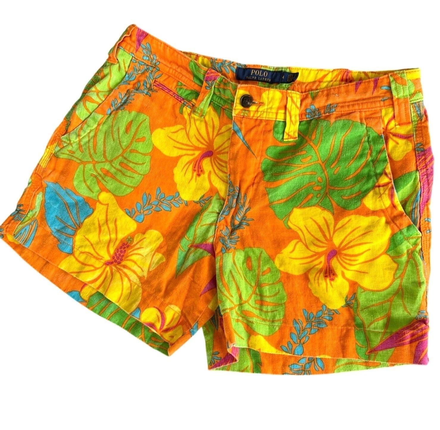 Polo Ralph Lauren Size 4 Women's Linen Blend Shorts Orange Tropical Print Beach
