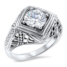 ART DECO STYLE 925 STERLING SILVER SOLITAIRE FILIGREE CUBIC ZIRCONIA RING 1053