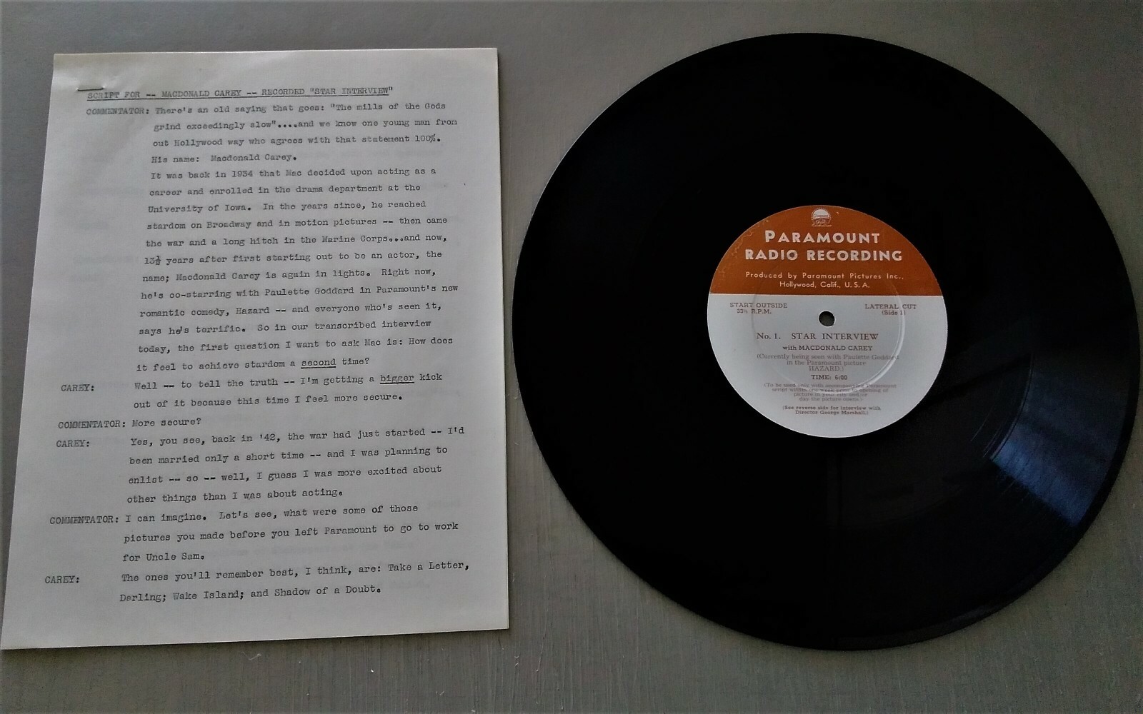 Macdonald Carey - Paramount Pictures Radio Recording #RR-16204 “Hazard”  