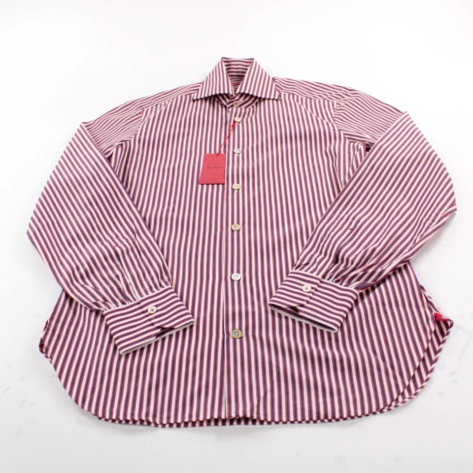 Camisa de vestir Kiton nueva con etiquetas talla 15 38 roja con rayas blancas azules 100 % algodón Foto 3 de 4