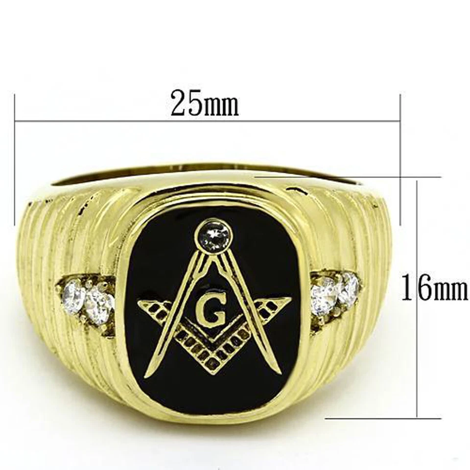 MEN'S GOLD TONE ENAMEL STAINLESS STEEL CLEAR CRYSTAL MASONIC RING SIZE 8, 12, 14 - Image 2 of 4