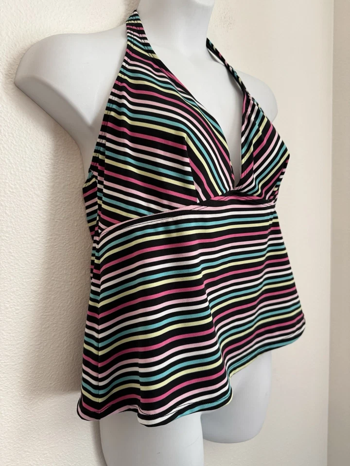 Top Tankini La Blanca by Rod Beattie, Talla 20W Negro Arco Iris Rayas Halter Nuevo Foto 2 de 4