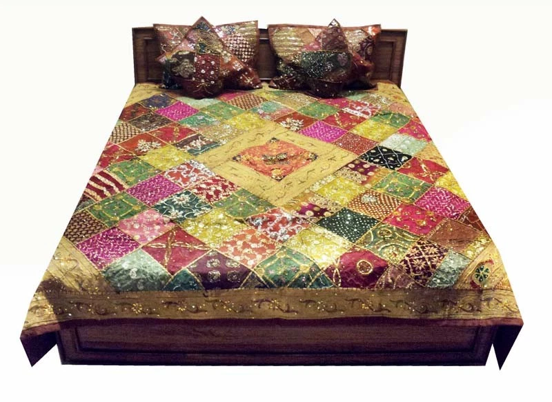 5 PC HAND EMBROIDERED DÉCOR BEADED SARI THROW COVERLET BEDSPREAD QUILT BLANKET - Image 4 of 4
