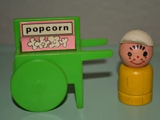 Vintage Fisher Price Little People Popcorn Cart with Wooden Figure 1970s