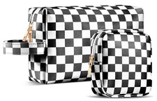 2Pcs Makeup Bag for Women, Large Checkered Cosmetic Bags with Small Makeup Po...