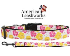 Made In America - Nylon Leashes and Collars - Pink And Yellow Hibiscus