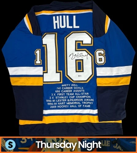 BRETT HULL SIGNED AUTO ST. LOUIS BLUES HOCKEY JERSEY BECKETT BAS STICKER