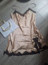 Womens Silksilky Mulberry Silk Nighty,Nightie- Champagne/Gold Black Lace Large.