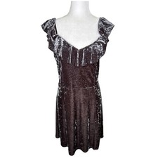 American Eagle Gray Crushed Velvet Dress Cold Shoulder Ruffle Flounce Flirty XL
