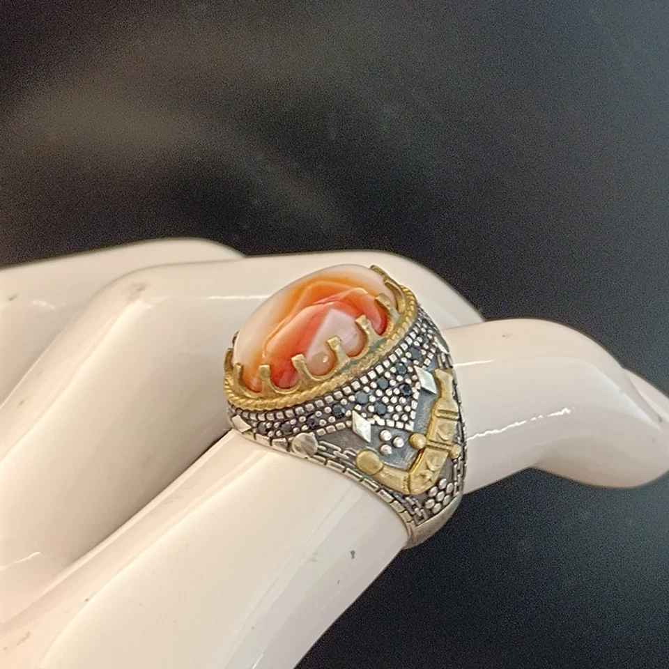 Men's Vintage Sterling Silver Ring Natural Agate Statement Detail Bronze 8.75 - Image 4 of 4