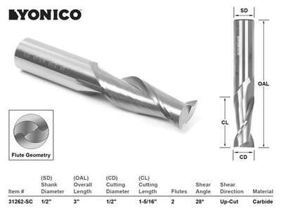 1/2'' Dia. Upcut Spiral End Mill CNC Router Bit - 1/2'' Shank - Yonico 31262-SC