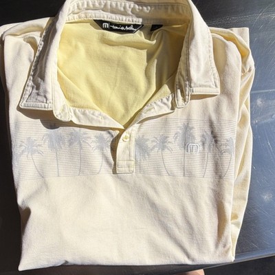 Travis Mathew Men's Yellow Palm Print Polo Shirt Size L Short Sleeve Collared