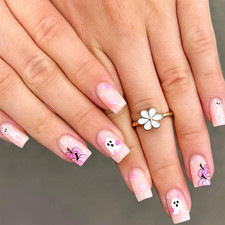 Medium Square Halloween Press on Nails Cute Skull Ghost Pumpkin Fake Nails Gloss