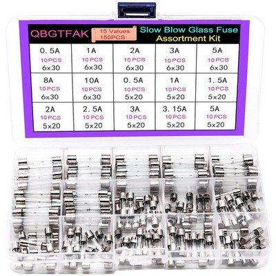 15 Values150Pcs Slow Blow Glass Fuses Assorted Kit 6X30Mm, 250V 0.5A, 1A, 2A, 3A