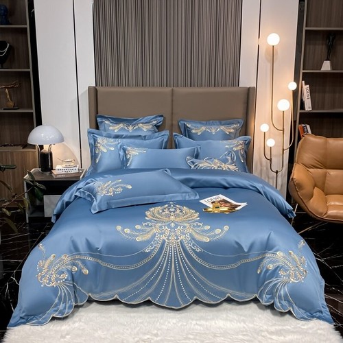 Luxury Gold Feather Embroidery Egyptian Cotton Duvet Cover Bed Sheet Bedding Set - Picture 7 of 17
