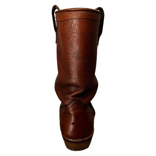 Vintage HyTest Cowboy Boots 70s Brown Tooled Leather Steel Toe Boot - Mens 8C - Picture 6 of 12