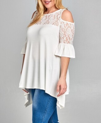 Plus Size Boho Tunic Top Blouse Ivory White 1X Cold Shoulder Lace Ruffle Sleeve