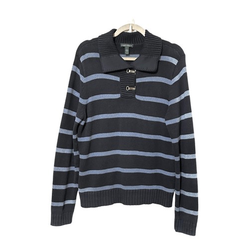 LRL Lauren Jeans Co Womens Cable Knit Sweater L Blue Stripe Metal Toggles VTG - Picture 5 of 17