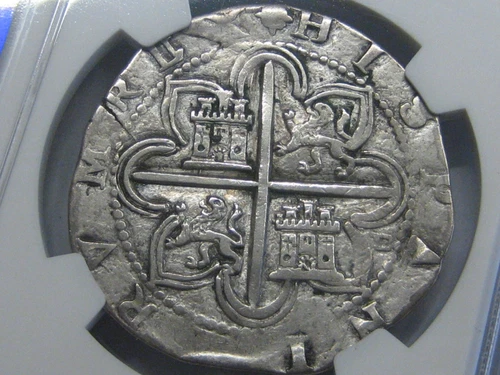 (1556-98) PHILIP II 8 REAL COB NGC AU50 SEVILLA ASSAYER D SPAIN SILVER COLONIAL